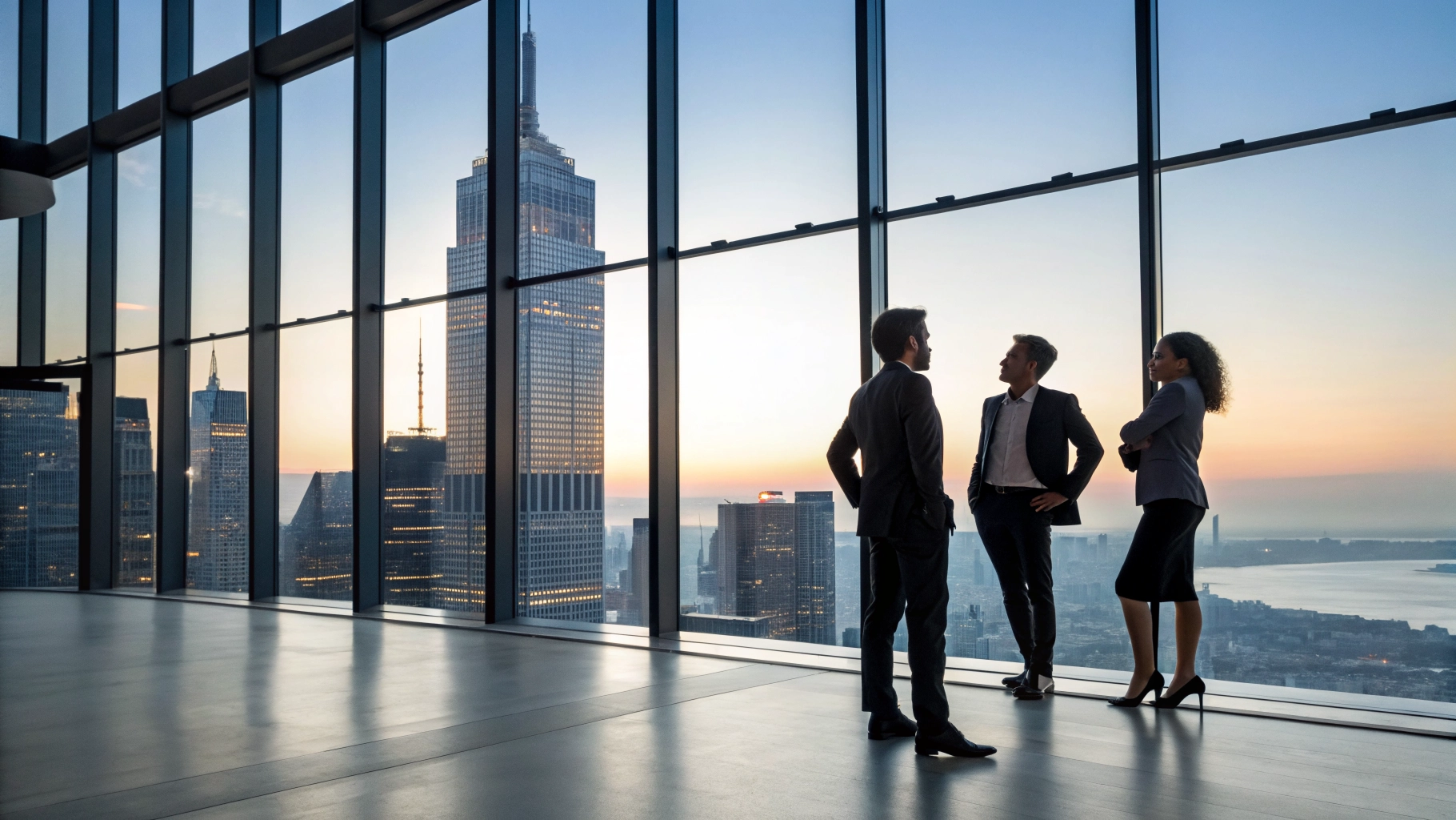Professional team in a modern office with a city view for hero section